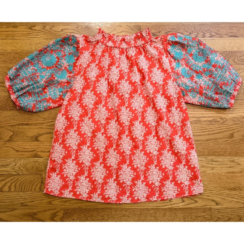 THML Red Floral Cotton Blouse Turquoise Embroidered Puff Sleeve JH1572-1-CO L